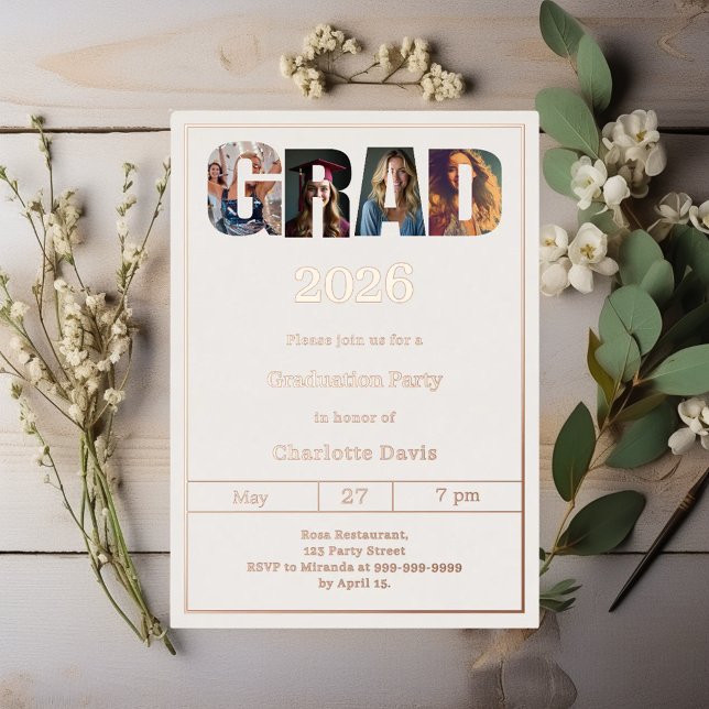Graduation party ivory rose gold grad photo luxury foil invitation (Creator Uploaded)