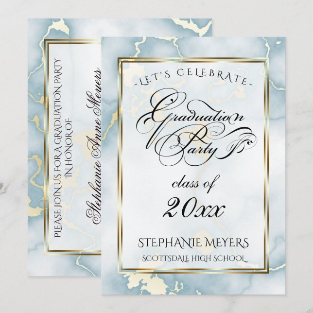 Graduation Party Light Blue & Gold  Marble Invitation (Front/Back)
