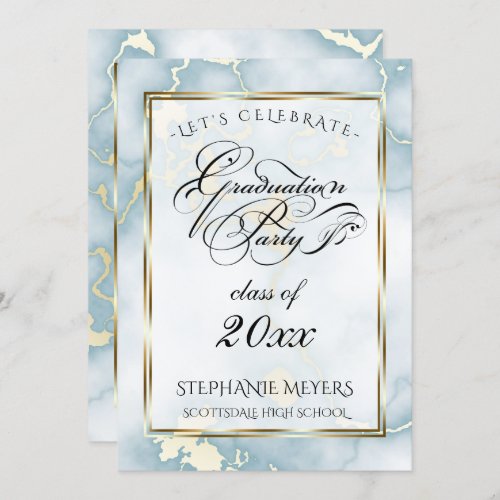 Graduation Party Light Blue  Gold  Marble Invitation