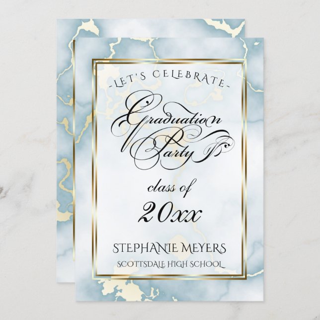 Graduation Party Light Blue & Gold  Marble Invitation (Front/Back)