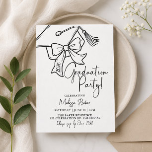 Graduation Party, Minimalist Cap, Bow Black & whit Invitation