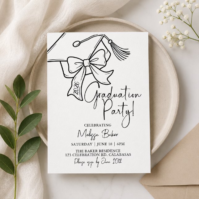 Graduation Party, Minimalist Cap, Bow Black & whit Invitation (Creator Uploaded)