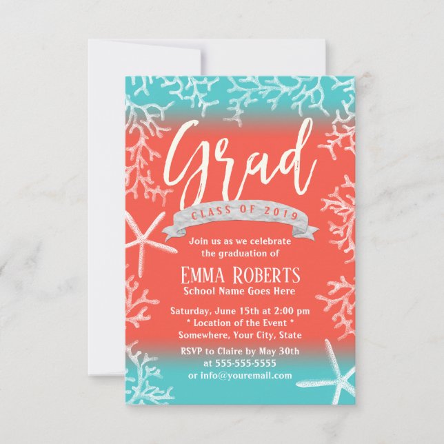 Graduation Party Modern Beach Coral Reef Starfish Invitation (Front)