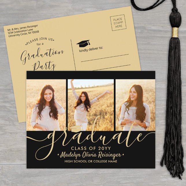 Graduation Party Modern Black and Gold 3 Photo Invitation Postcard (Creator Uploaded)