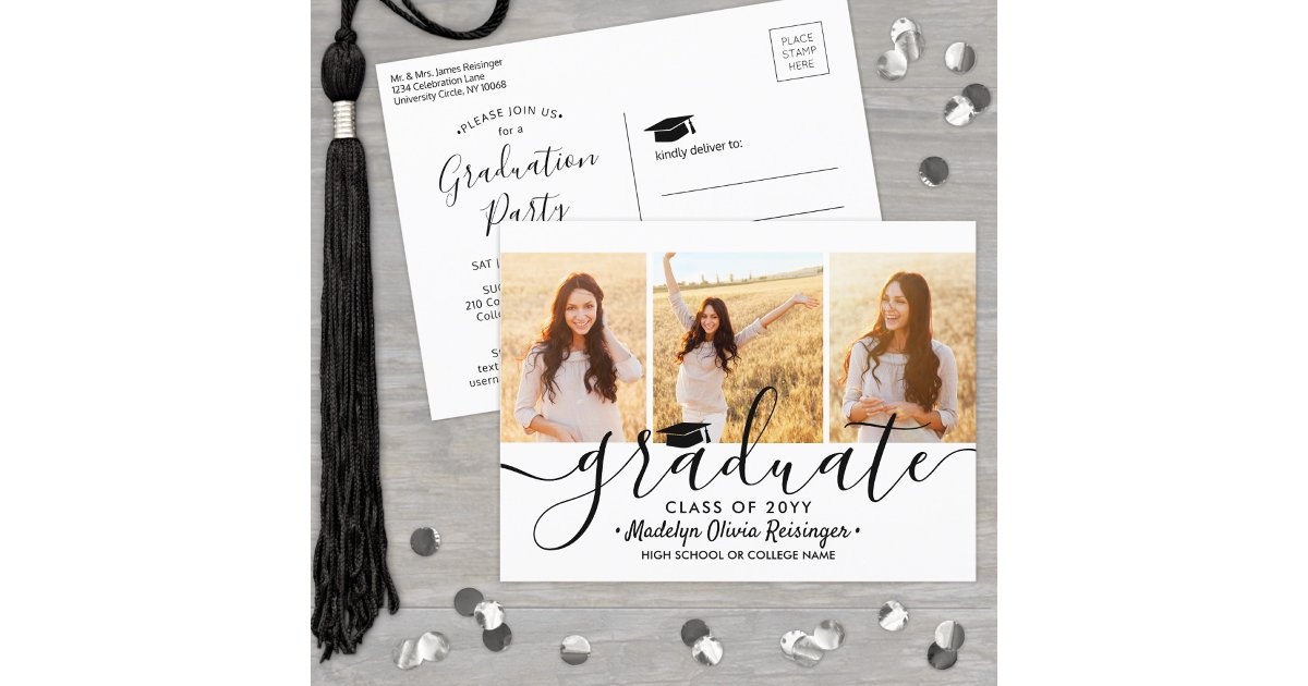 Graduation Party Modern Black and White 3 Photo Invitation Postcard ...