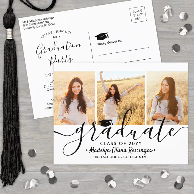 Graduation Party Modern Black and White 3 Photo Invitation Postcard ...