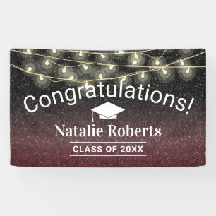 Graduation Party Modern Burgundy Red Black Glitter Banner