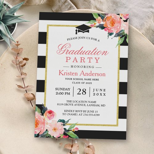 2018 Graduation Party Modern Floral Black Stripes Card