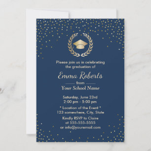 Graduation Party Modern Gold Confetti Navy Blue Invitation