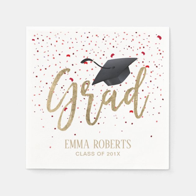 Graduation Party Modern Gold Script Red Confetti Paper Napkin
