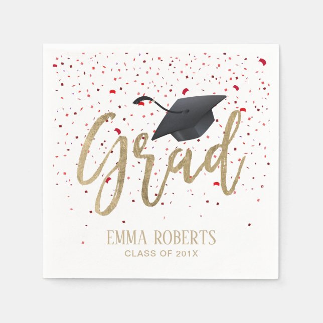 Graduation Party Modern Gold Script Red Confetti Paper Napkins (Front)