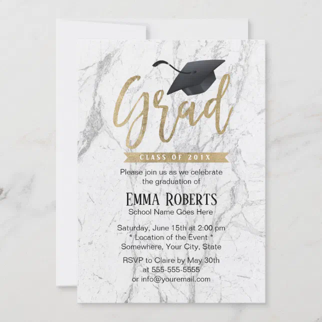 Graduation Party Modern Gold Script White Marble Invitation | Zazzle