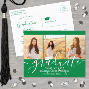 Graduation Party Modern Green and White 3 Photo Invitation Postcard