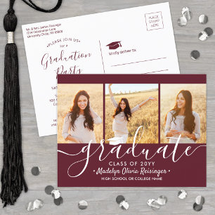 Graduation Party Modern Maroon and White 3 Photo Invitation Postcard