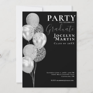 Graduation Party Modern Minimal Black Silver Photo Invitation
