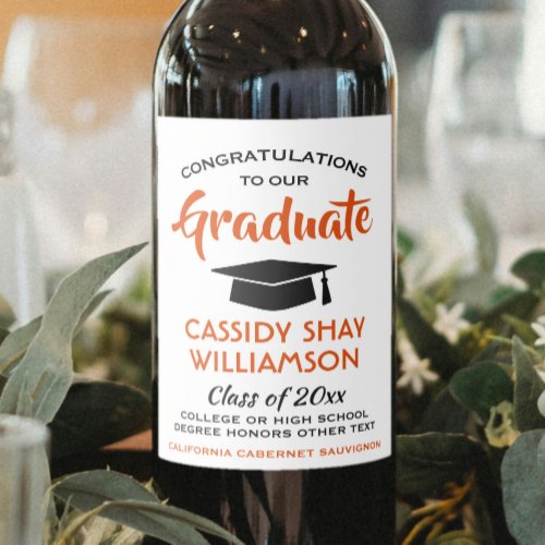 Graduation Party Modern Orange White and Black Wine Label