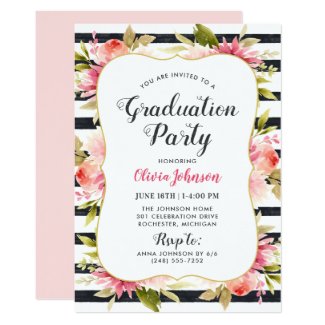 Graduation Party | Modern Pink Floral Stripes Invitation