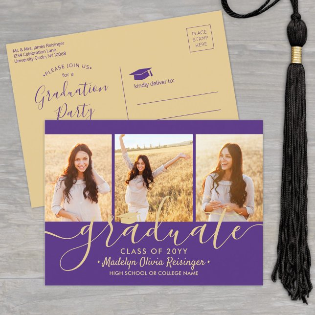 Graduation Party Modern Purple and Gold 3 Photo Invitation Postcard (Creator Uploaded)