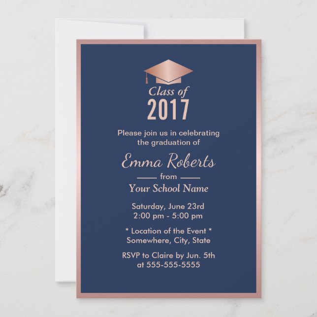 Graduation Party Modern Rose Gold & Navy Blue Invitation (Front)