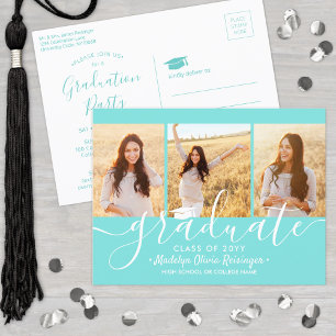 Graduation Party Modern Script Teal Blue 3 Photo Invitation Postcard