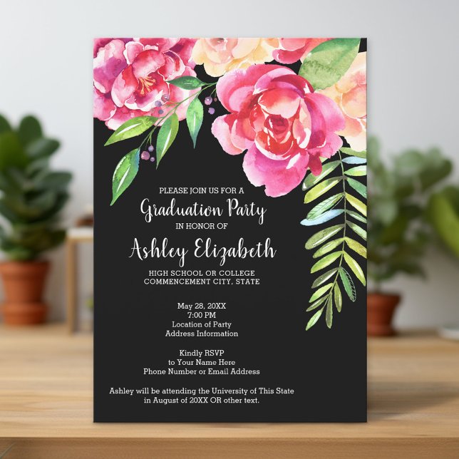 Graduation Party Modern Watercolor Floral & Dot Invitation (Custom Graduation Announcement and Invitation)