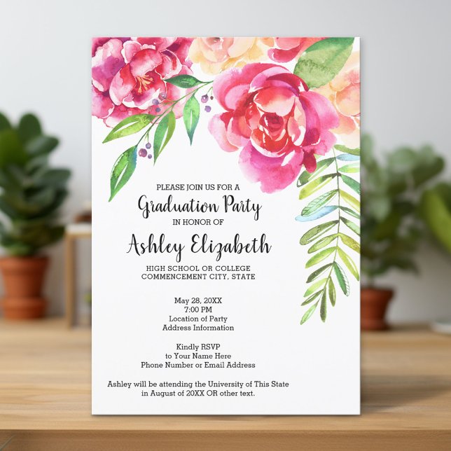 Graduation Party Modern Watercolor Floral Invitation (Custom Graduation Announcement and Invitation)