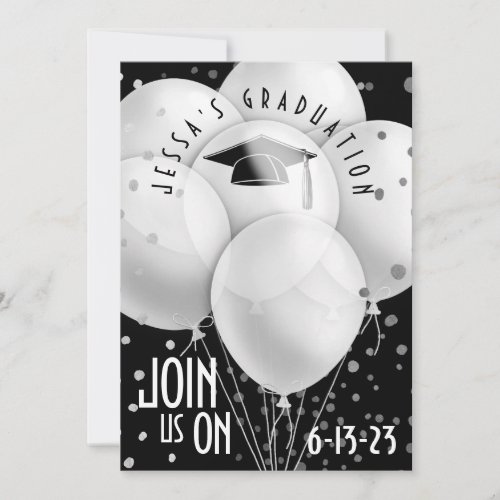 Graduation Party Modern White Balloons on Black Invitation