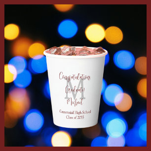 Graduation Party Name Gray Monogram Burgundy White Paper Cups