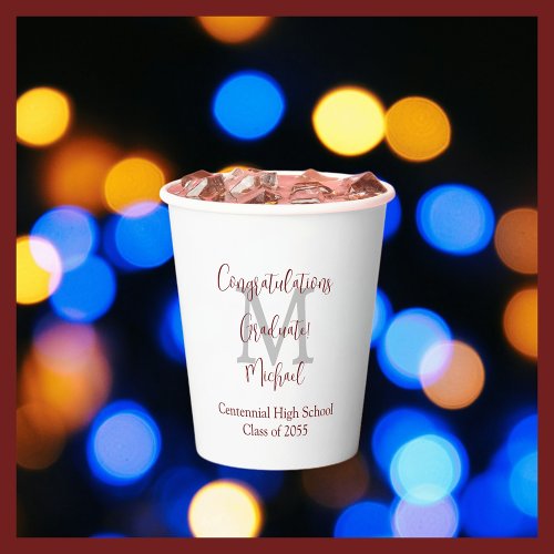 Graduation Party Name Gray Monogram Burgundy White Paper Cups