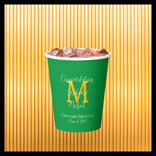 Graduation Party Name Green White Gold Monogram Paper Cups