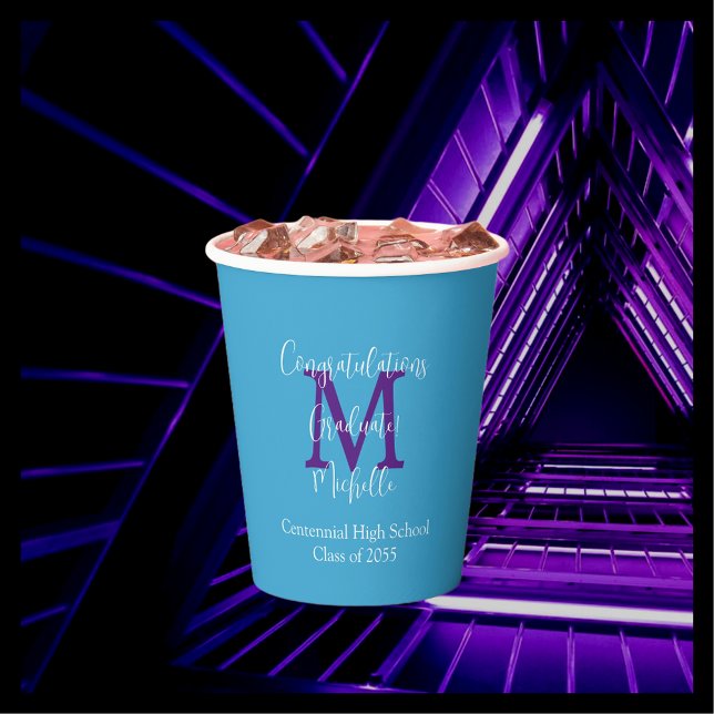 Graduation Party Name Purple Monogram Sky Blue Paper Cups (Creator Uploaded)