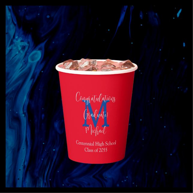Graduation Party Name Red White Blue Monogram  Paper Cups (Creator Uploaded)