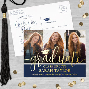 Graduation Party Navy Blue 3 Photo Modern Script Foil Invitation Postcard