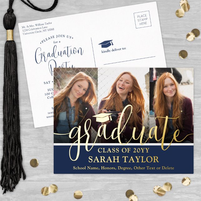 Graduation Party Navy Blue 3 Photo Modern Script Foil Invitation Postcard (Creator Uploaded)