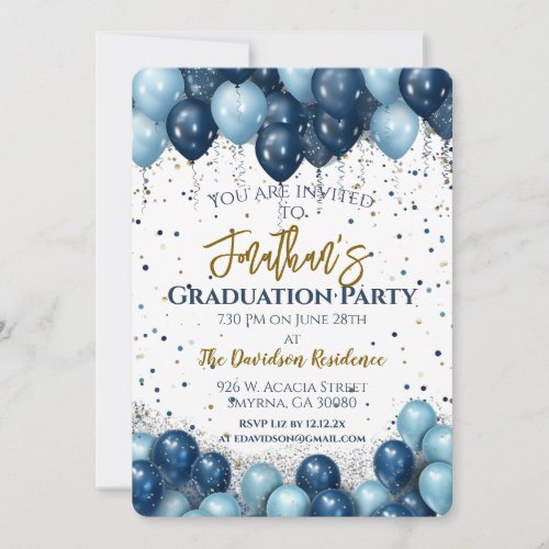 Graduation Party Navy Blue Balloons Invitation