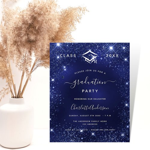 Graduation party navy blue glitter 2024 budget flyer