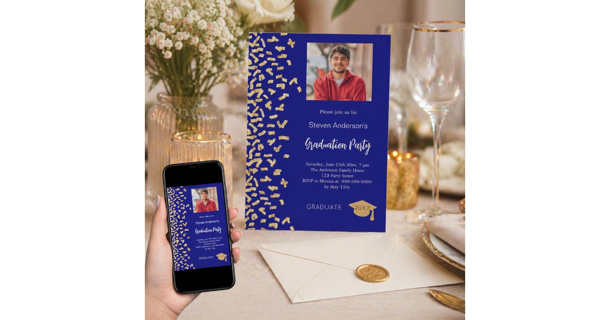 Graduation party navy blue gold confetti photo invitation | Zazzle