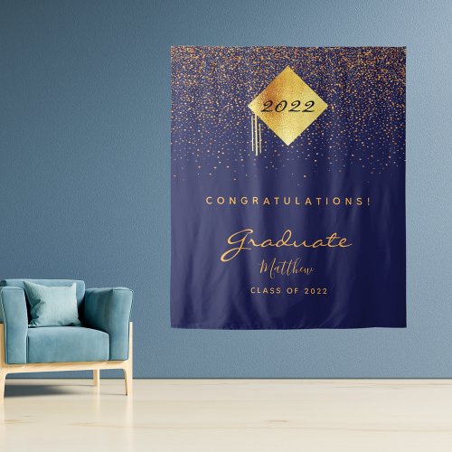 Graduation party navy blue gold graduate 2024 tapestry