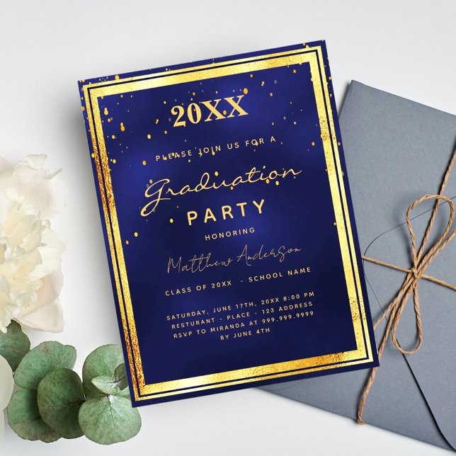 Graduation party navy blue gold invitation postcard (Creator Uploaded)