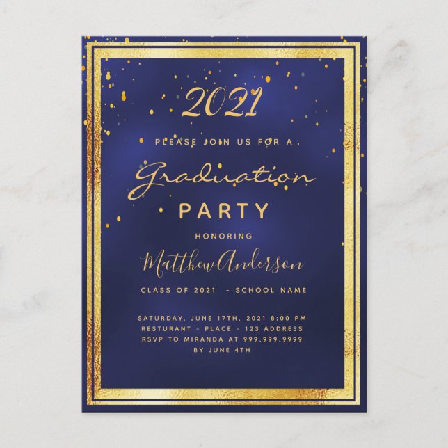 Graduation party navy blue gold invitation postcard (Front)