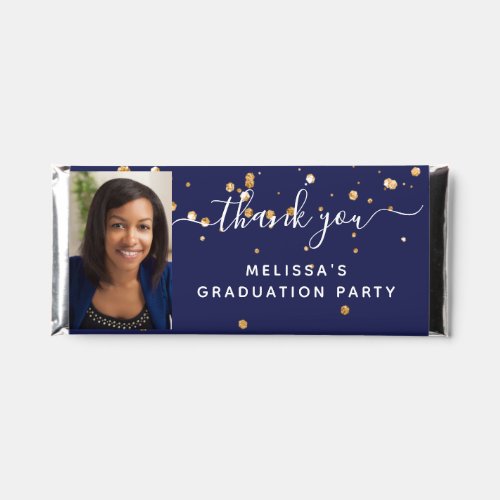 Graduation party navy blue gold photo script hershey bar favors