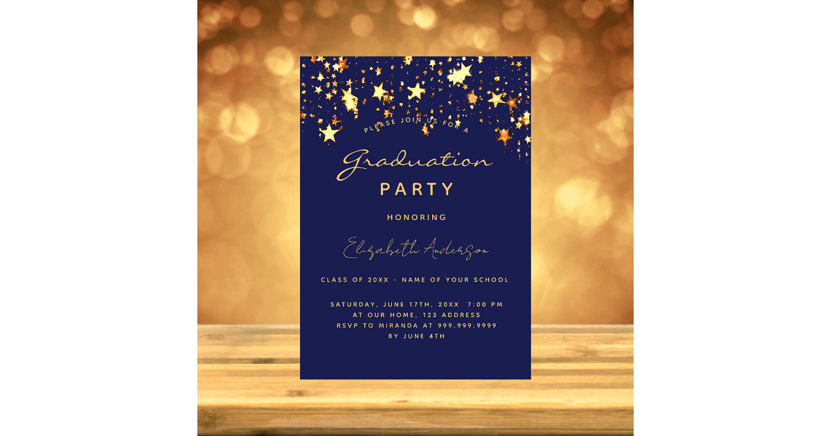Graduation party navy blue gold stars invitation | Zazzle