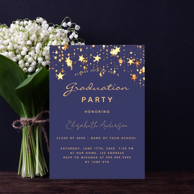 Graduation party navy blue gold stars invitation (Creator Uploaded)