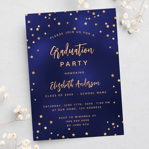 Graduation party navy blue gold stars luxury invitation