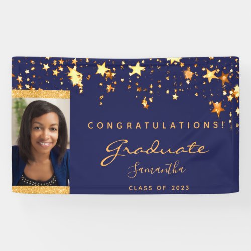 Graduation party navy blue gold stars photo banner