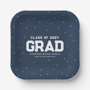 Graduation party navy blue grad name year paper plates