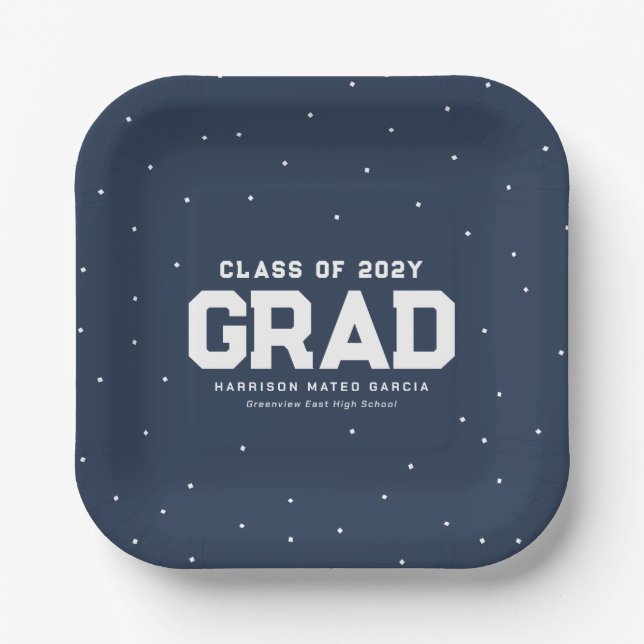 Graduation party navy blue grad name year paper plates (Front)