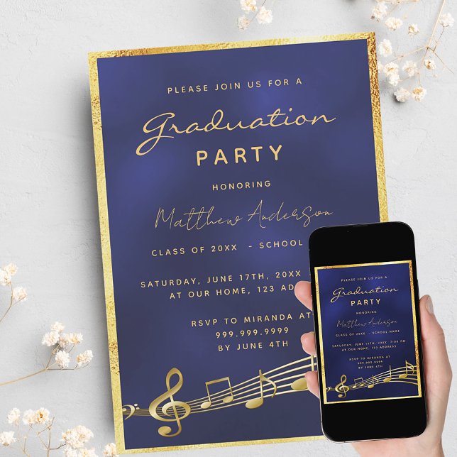 Graduation party navy blue music gold 2026 invitation (Creator Uploaded)