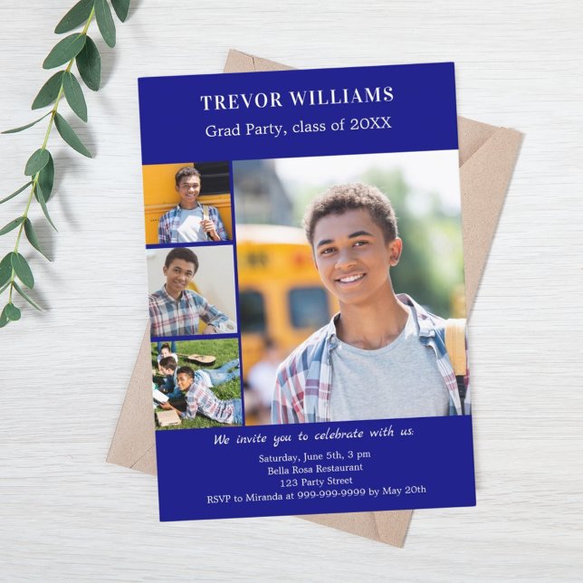 Graduation party navy blue photo collage invitation (Creator Uploaded)