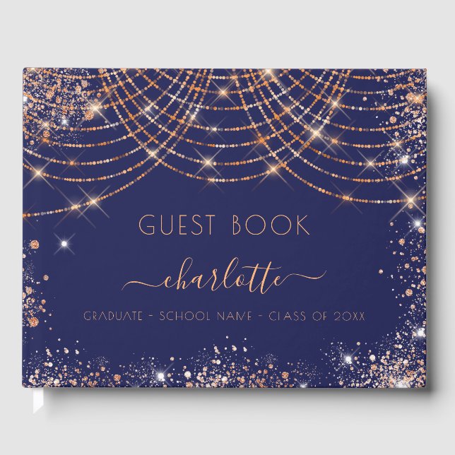 Graduation party navy blue rose gold glitter 2025 guest book (Front)